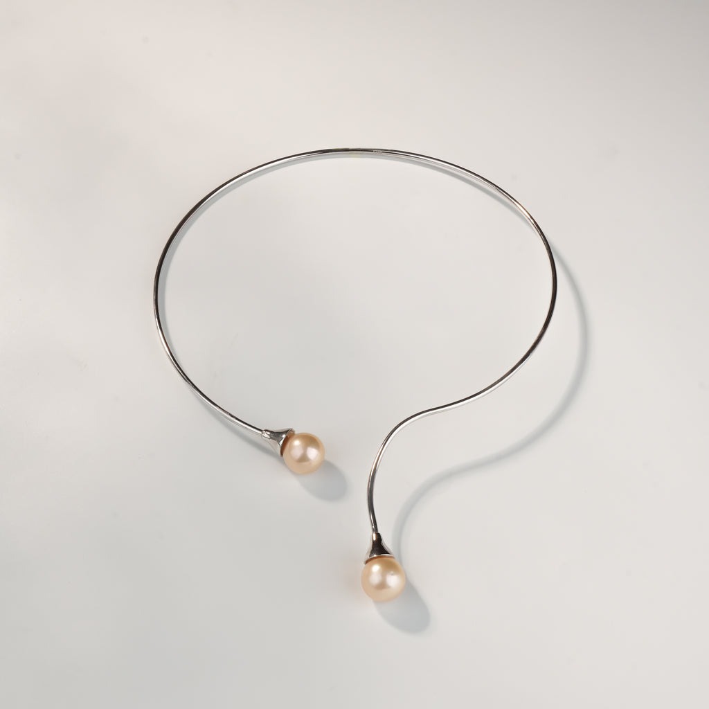 Golden Freshwater Pearl Open Collar Necklace in Sterling Silver | Modern Pearl Torque Necklace for Women