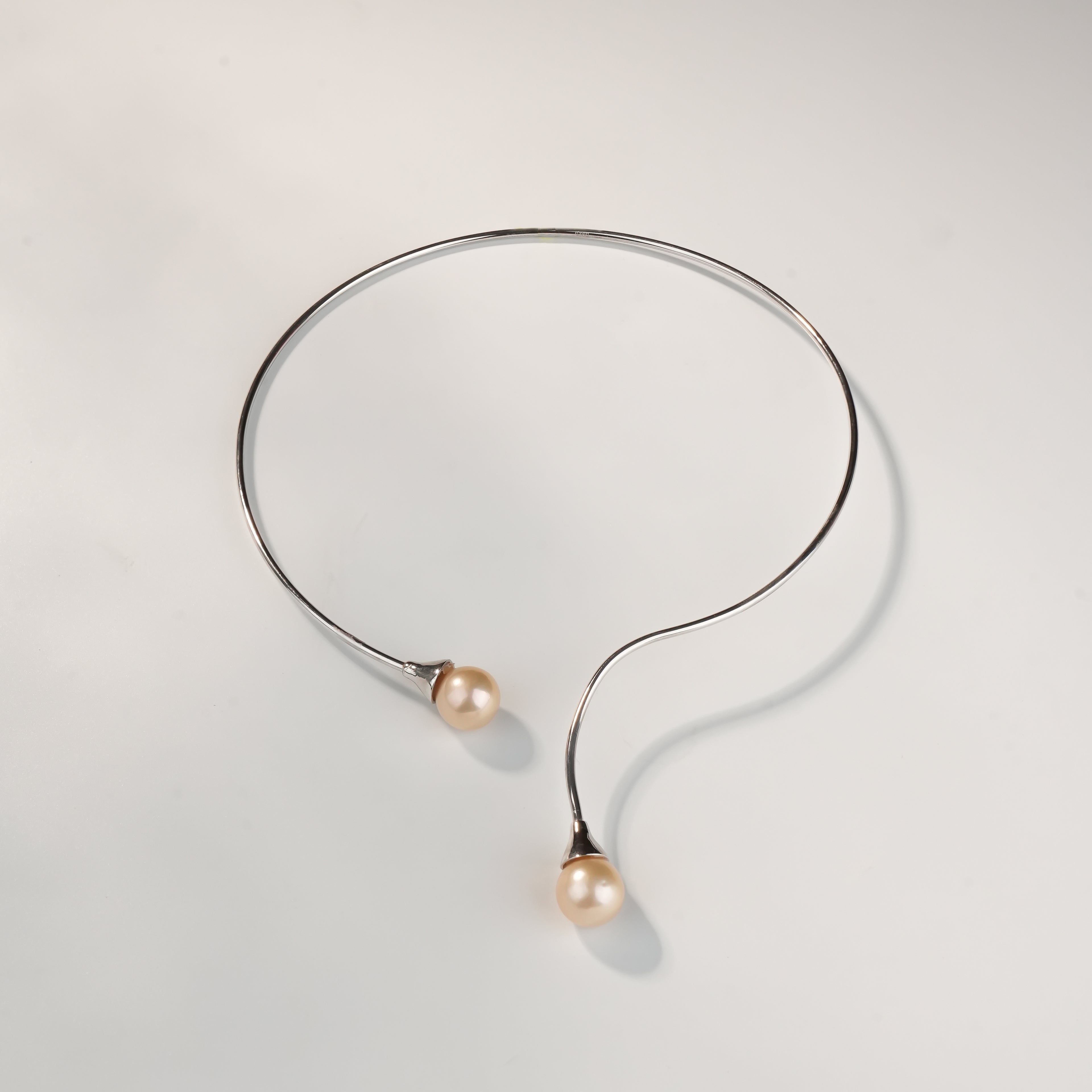 Golden Freshwater Pearl Open Collar Necklace in Sterling Silver | Modern Pearl Torque Necklace for Women