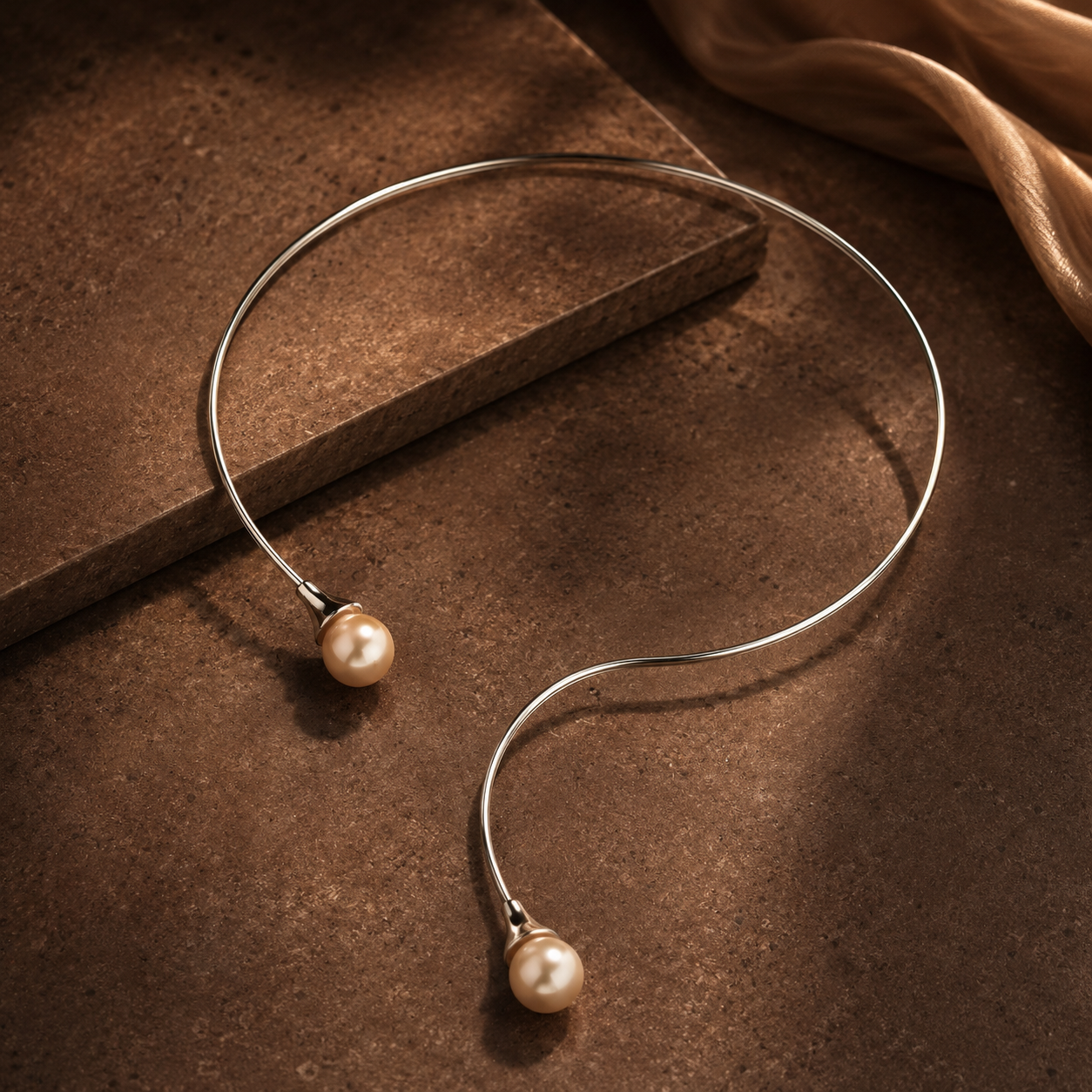 Golden Freshwater Pearl Open Collar Necklace in Sterling Silver | Modern Pearl Torque Necklace for Women