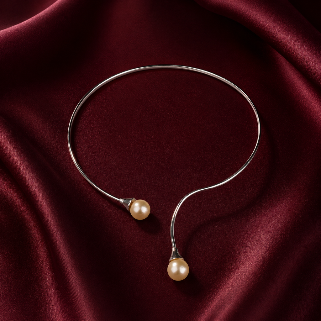 Golden Freshwater Pearl Open Collar Necklace in Sterling Silver | Modern Pearl Torque Necklace for Women