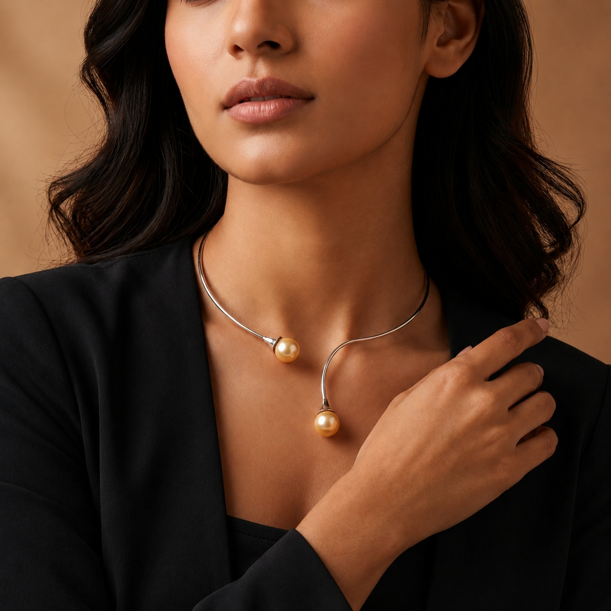 Golden Freshwater Pearl Open Collar Necklace in Sterling Silver | Modern Pearl Torque Necklace for Women