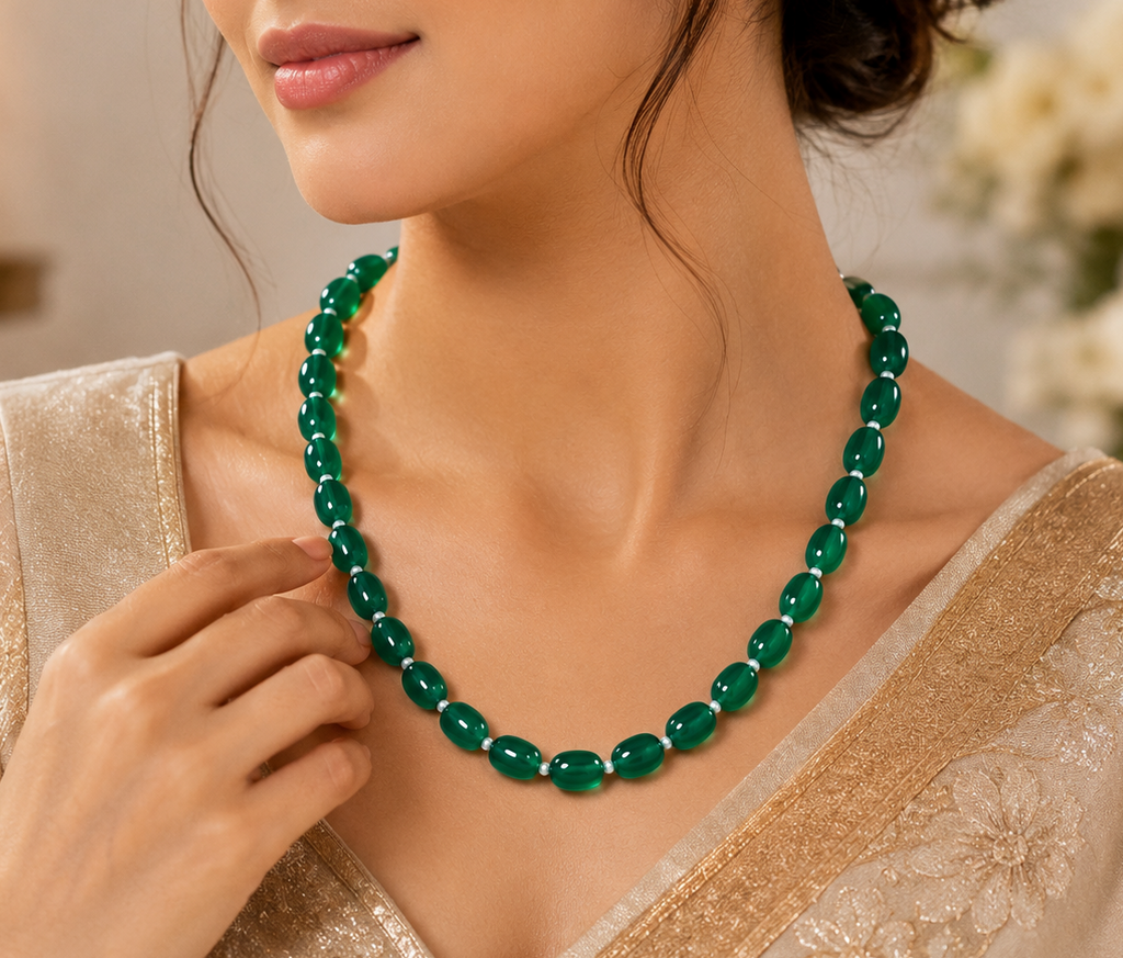 Onex Green Stone Mala with Pearl Spacers | Elegant Green Gemstone Necklace for Women - Krishna Pearls and Jewellers