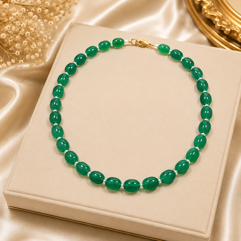 Onex Green Stone Mala with Pearl Spacers | Elegant Green Gemstone Necklace for Women - Krishna Pearls and Jewellers