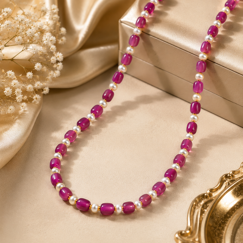 Pink Ruby Real Stone Mala with Pearl | Elegant Gemstone Necklace for Women - Krishna Pearls and Jewellers