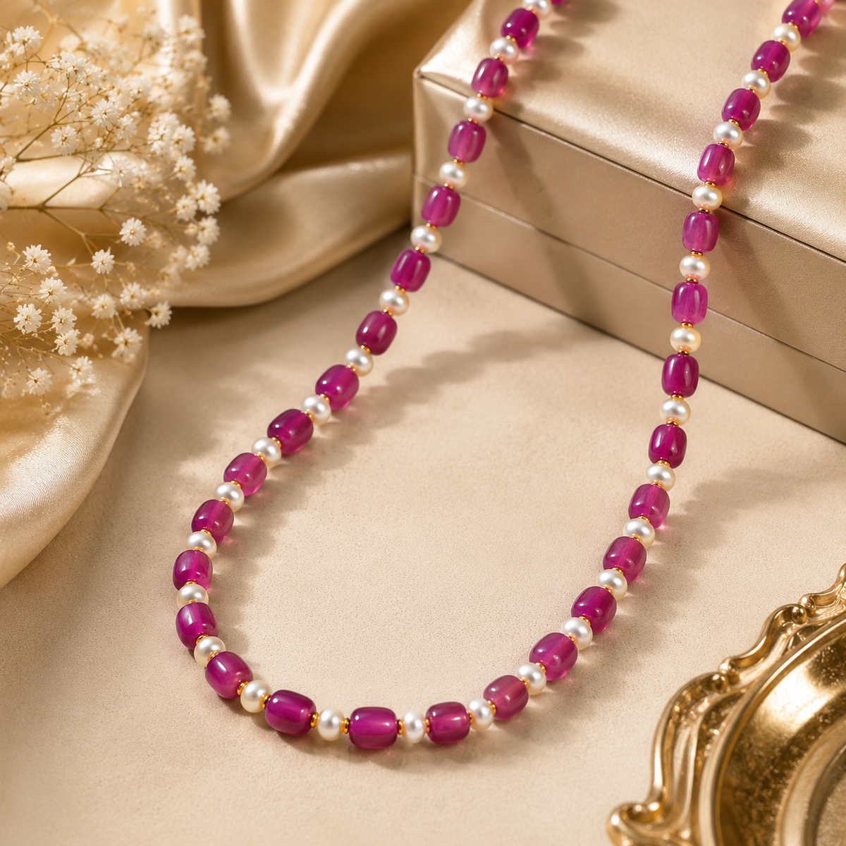 Pink Ruby Real Stone Mala with Pearl | Elegant Gemstone Necklace for Women - Krishna Pearls and Jewellers
