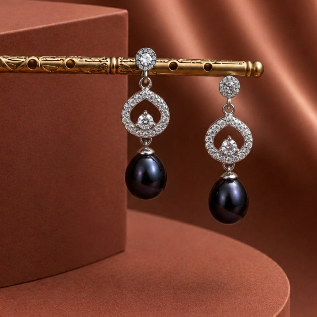 Silver CZ Colour Pearl Earrings Freshwater | Krishna Pearls and Jewellers