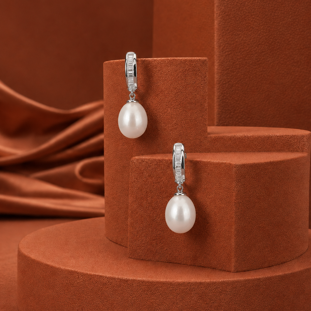 Classic CZ Hoop Drop Pearl Earrings | Krishna Pearls and Jewellers