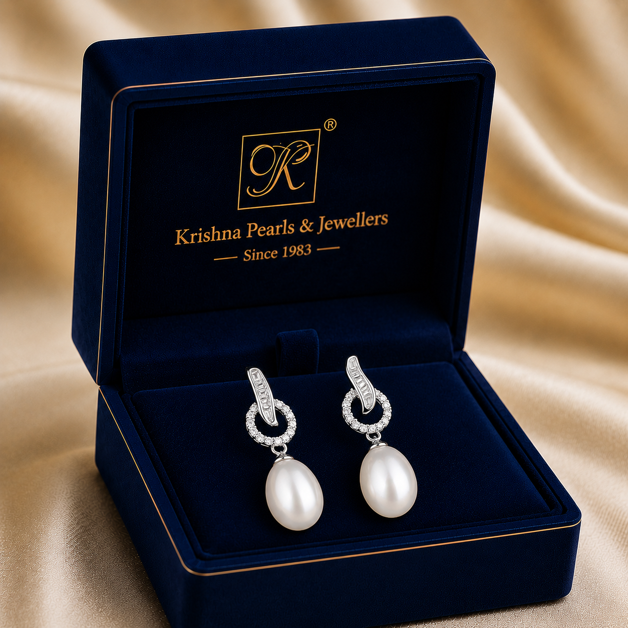 Halo Drop Pearl Earrings with CZ Accents | Krishna Pearls and Jewellers