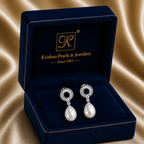 Silver CZ Circle Drop Earrings with Cream — view 1 — pearl jewellery — Krishna Pearls Hyderabad
