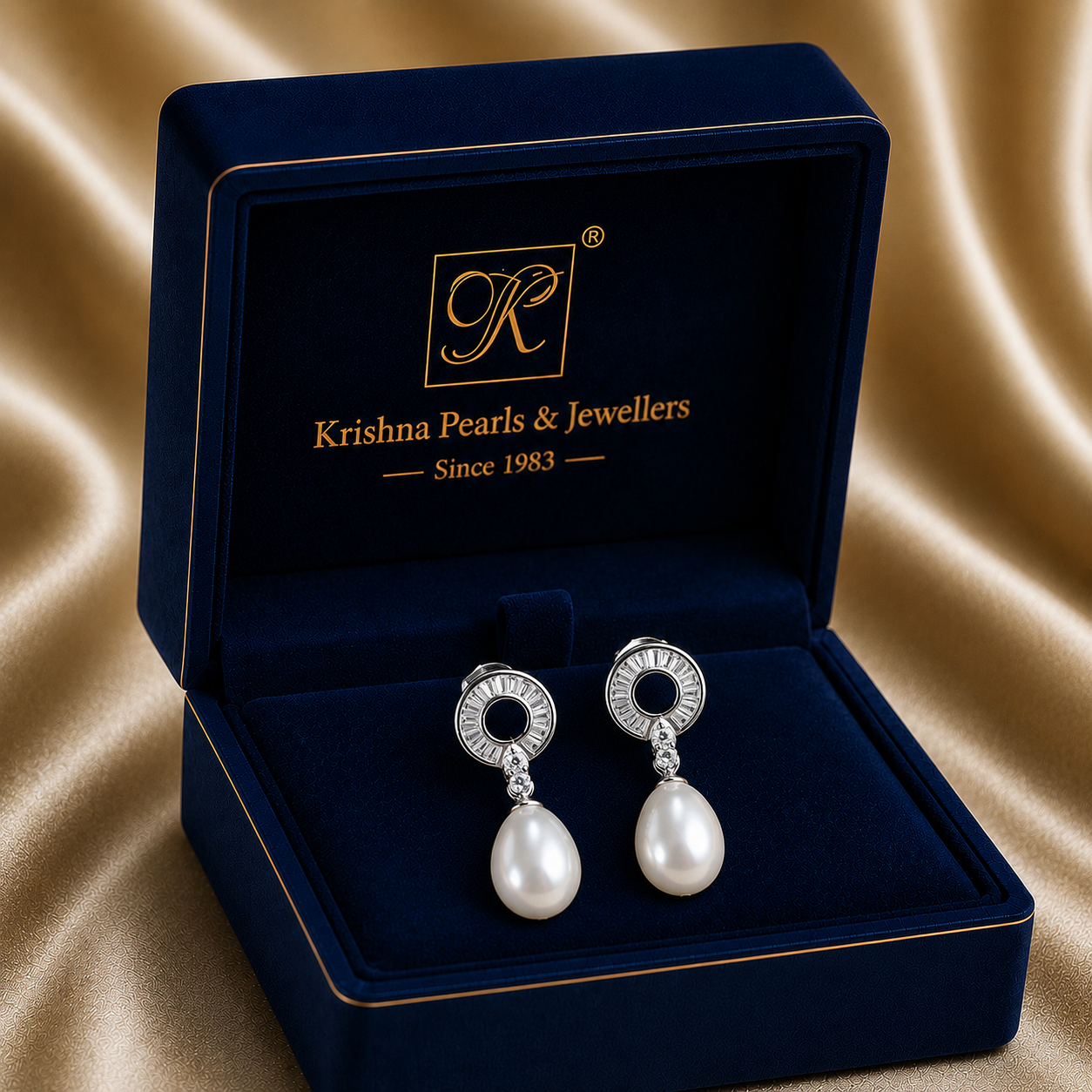 Silver CZ Circle Drop Earrings with Cream | Krishna Pearls and Jewellers