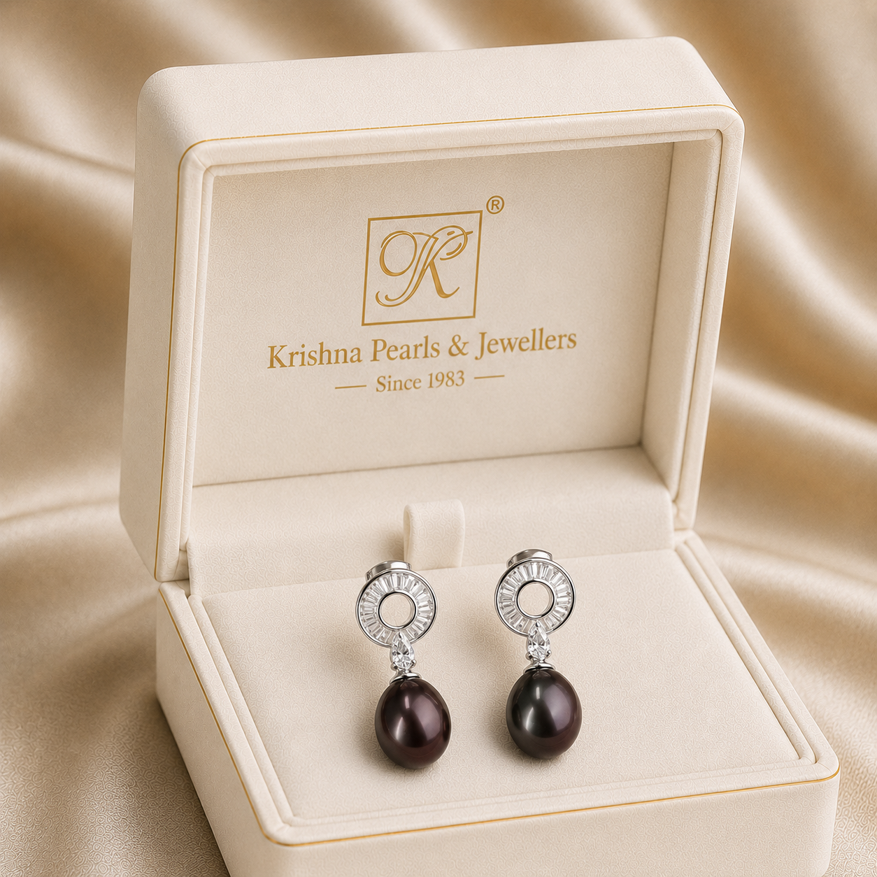 Elegant Black Pearl Drop Earrings with CZ | Krishna Pearls and Jewellers