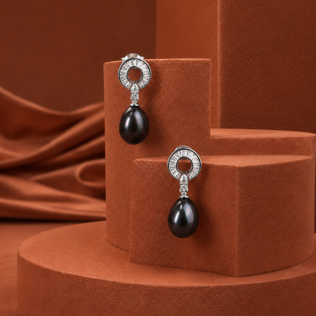Elegant Black Pearl Drop Earrings with CZ | Krishna Pearls and Jewellers