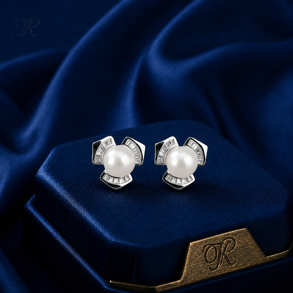 Silver Pearl Blossom Stud Earrings | Krishna Pearls and Jewellers