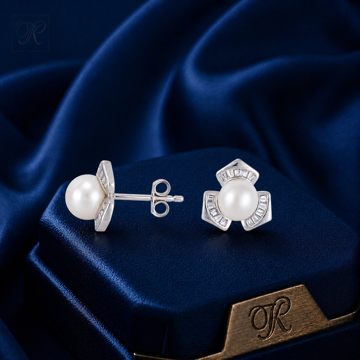 Silver Pearl Blossom Stud Earrings | Krishna Pearls and Jewellers