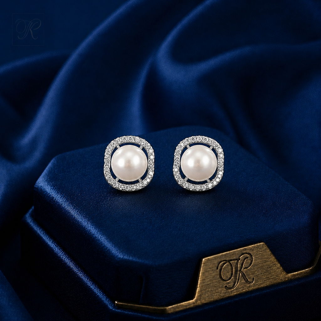 Classic Pearl Stud Earrings with Silver and | Krishna Pearls and Jewellers
