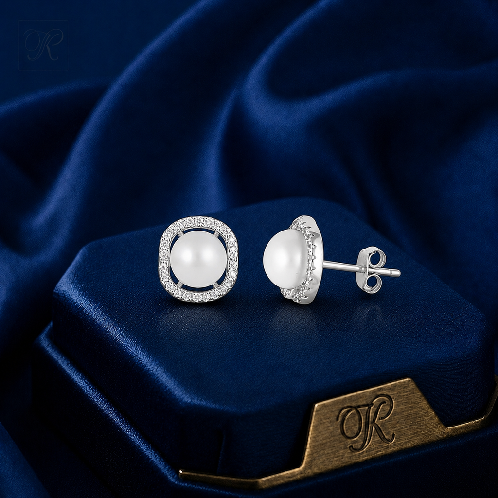 Classic Pearl Stud Earrings with Silver and | Krishna Pearls and Jewellers