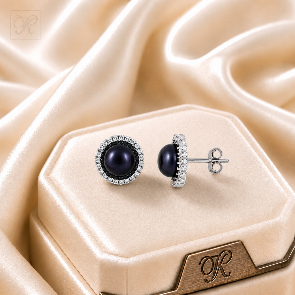 Lustrous Silver black pearls with cubic | Krishna Pearls and Jewellers
