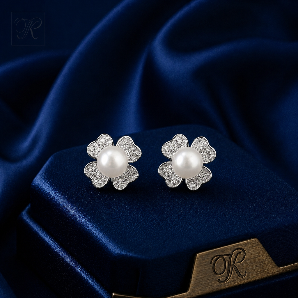 Silver CZ Floral Stud Earrings with White | Krishna Pearls and Jewellers