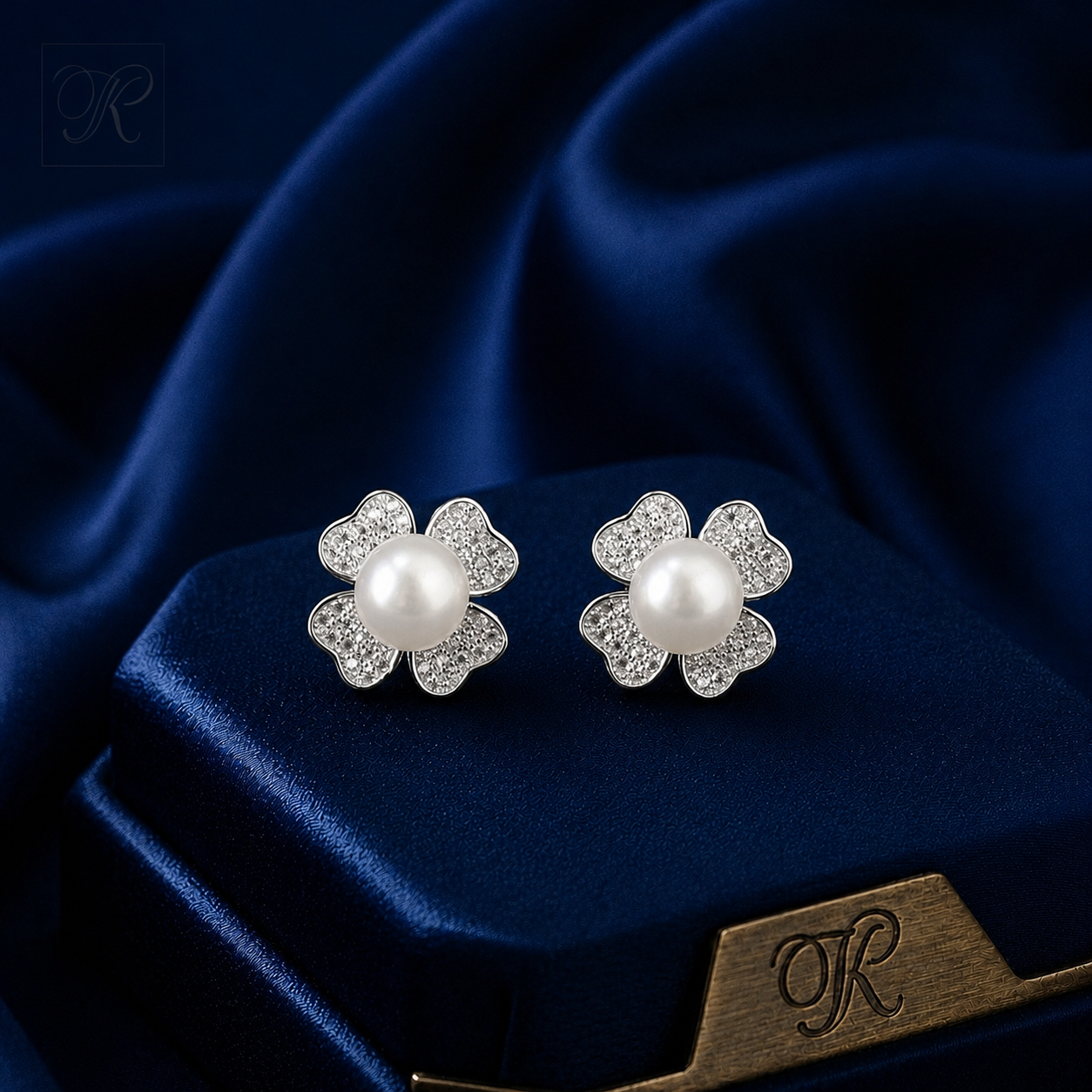 Silver CZ Floral Stud Earrings with White | Krishna Pearls and Jewellers