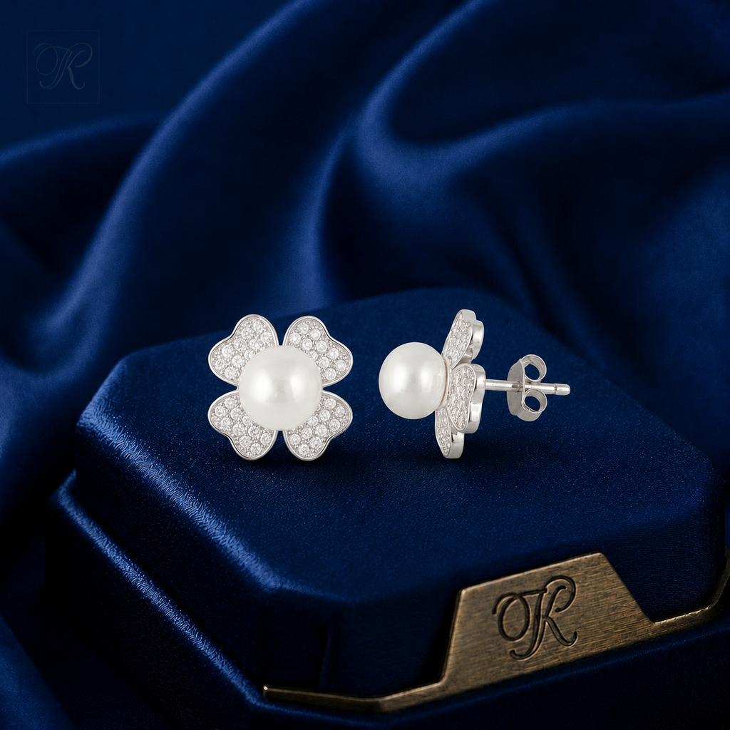Silver CZ Floral Stud Earrings with White | Krishna Pearls and Jewellers