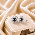 Silver Floral Stud Earrings with Black | Krishna Pearls and Jewellers