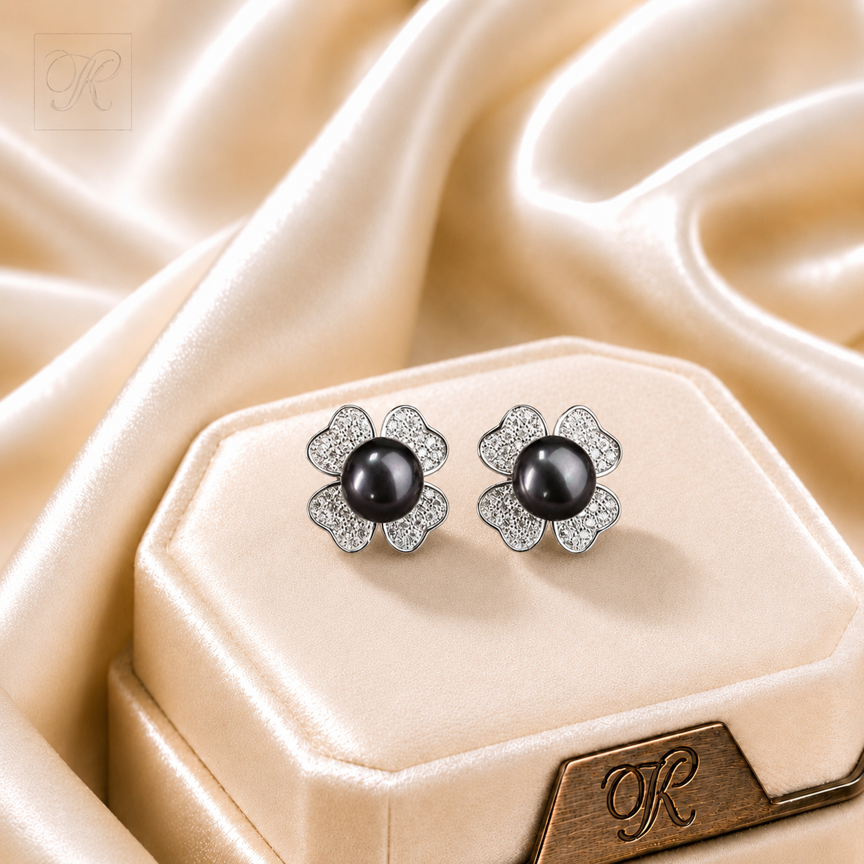 Silver Floral Stud Earrings with Black | Krishna Pearls and Jewellers