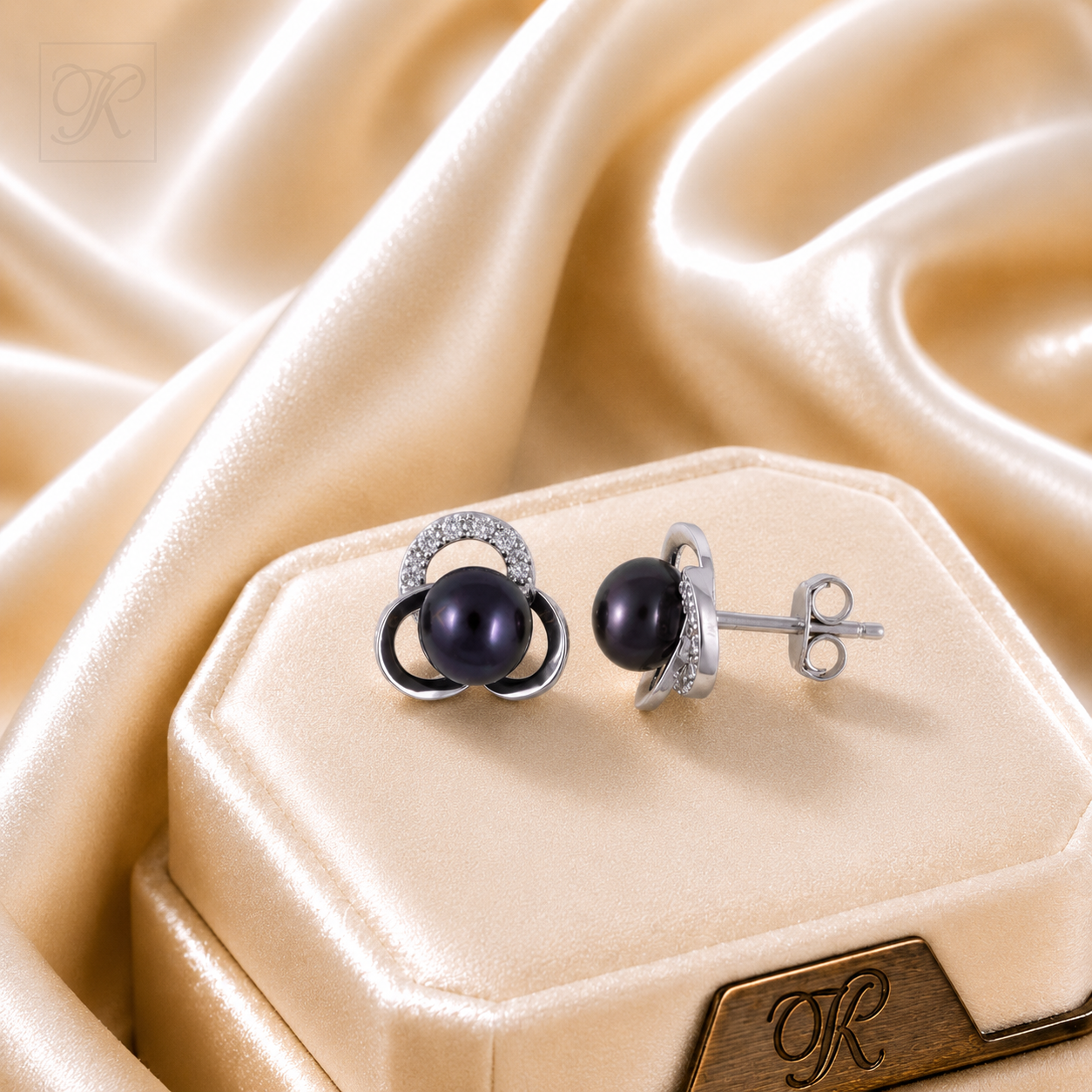 Black Pearl CZ Blossom Stud Earrings | Krishna Pearls and Jewellers