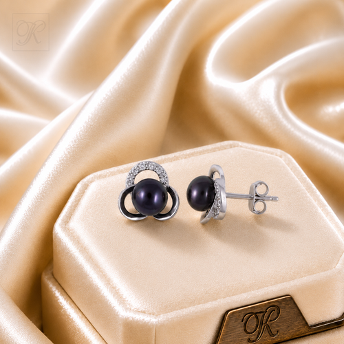 Black Pearl CZ Blossom Stud Earrings | Krishna Pearls and Jewellers