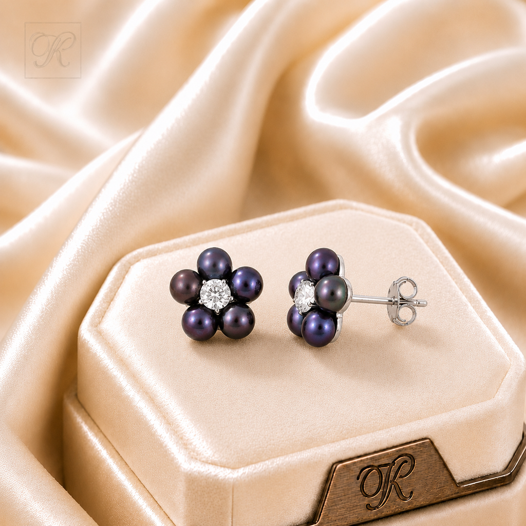 Black Pearl Flower Stud Earrings with CZ | Krishna Pearls and Jewellers