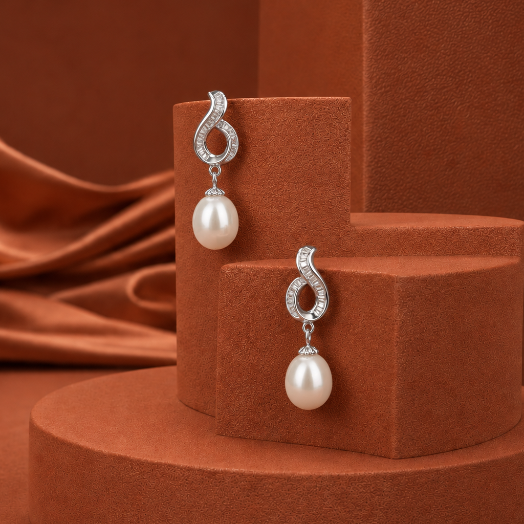 Twist Elegance CZ Pearl Drop Earrings | Krishna Pearls and Jewellers