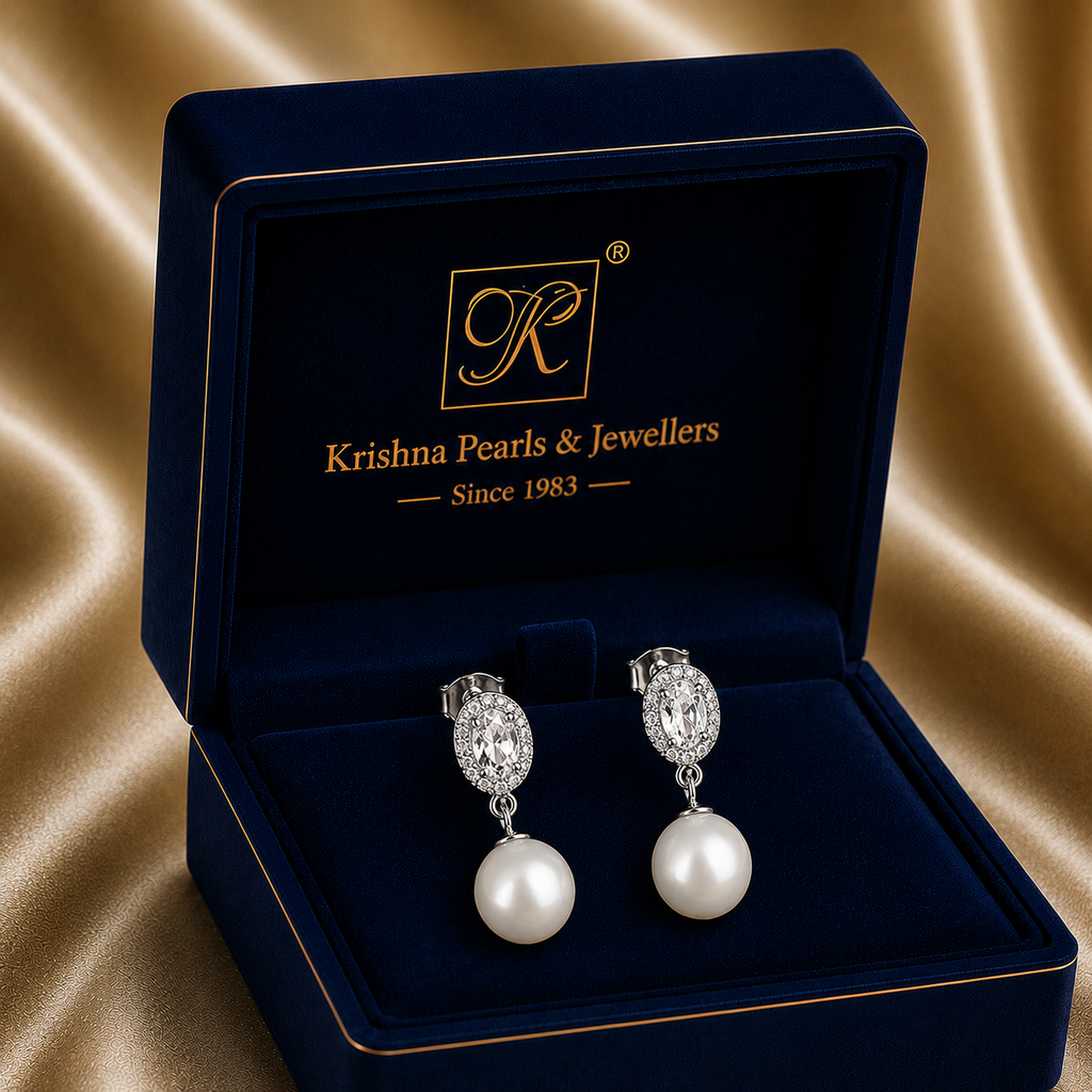 Silver CZ Oval Stud Earrings with Cream — view 3 — pearl jewellery — Krishna Pearls Hyderabad