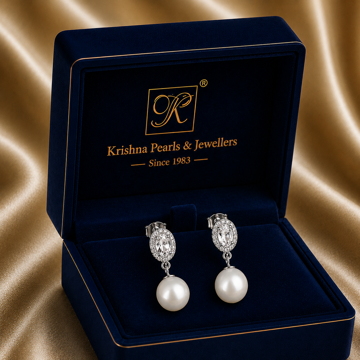 Silver CZ Oval Stud Earrings with Cream | Krishna Pearls and Jewellers
