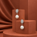 Silver CZ Oval Stud Earrings with Cream — view 1 — pearl jewellery — Krishna Pearls Hyderabad