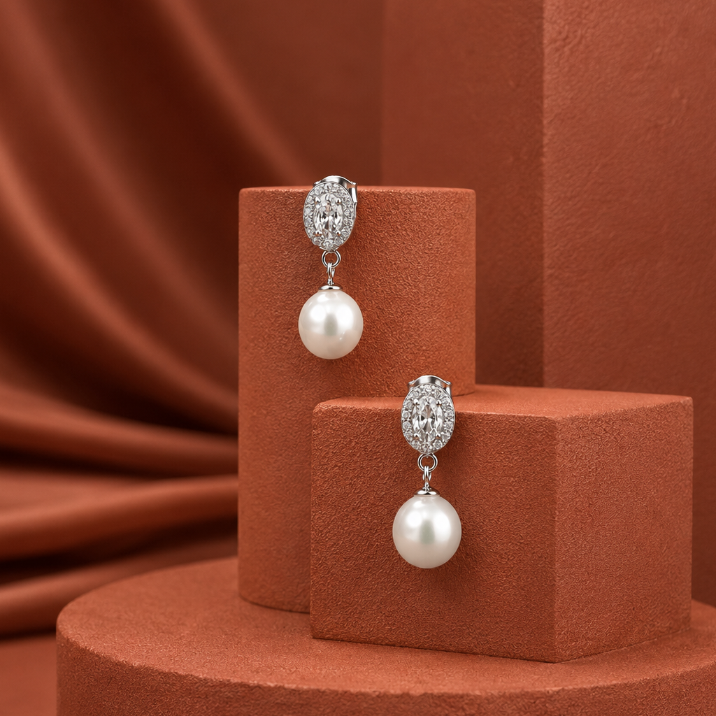 Silver CZ Oval Stud Earrings with Cream | Krishna Pearls and Jewellers