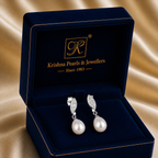 Blush Pearl Drop Earrings with Twisted CZ — view 1 — pearl jewellery — Krishna Pearls Hyderabad