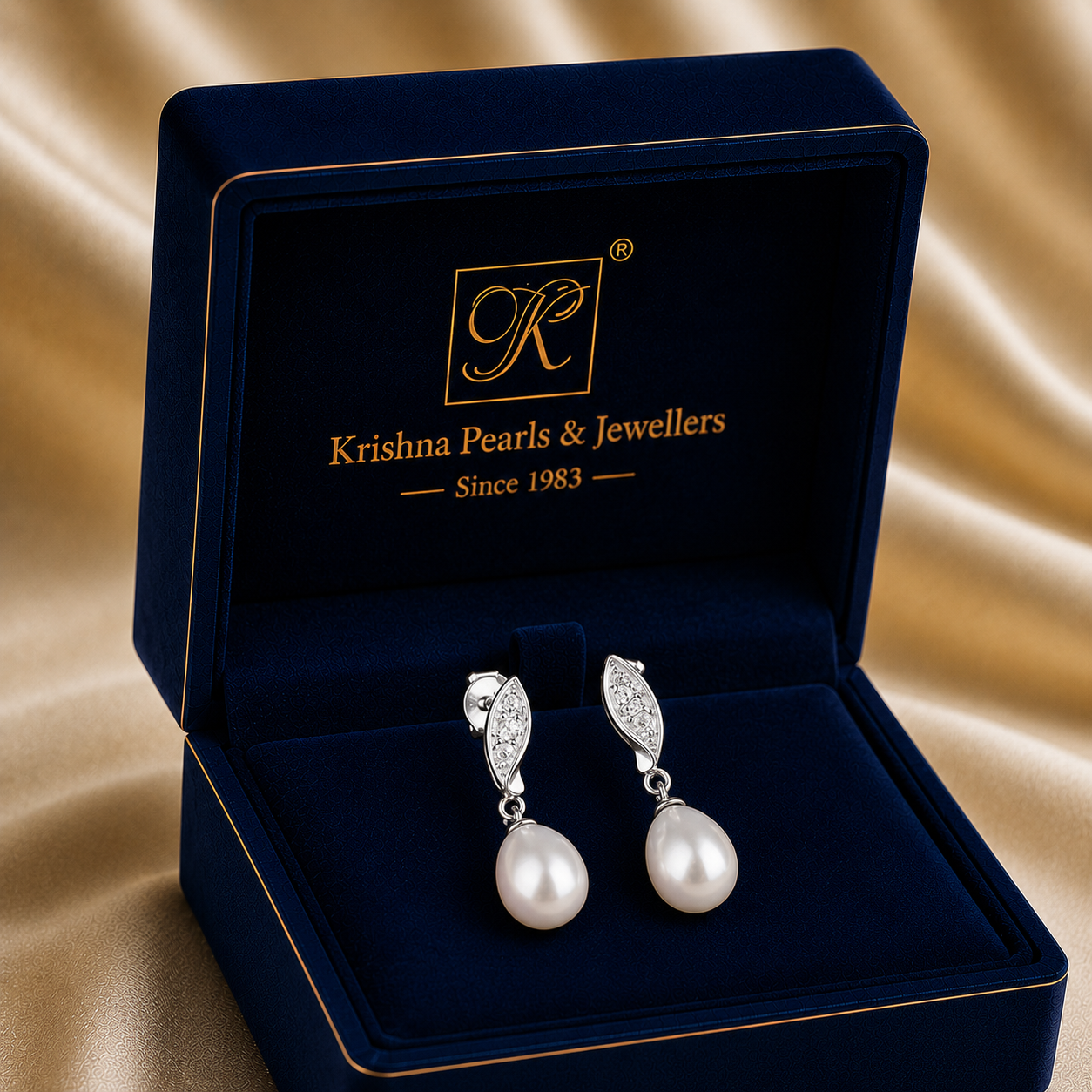 Blush Pearl Drop Earrings with Twisted CZ | Krishna Pearls and Jewellers