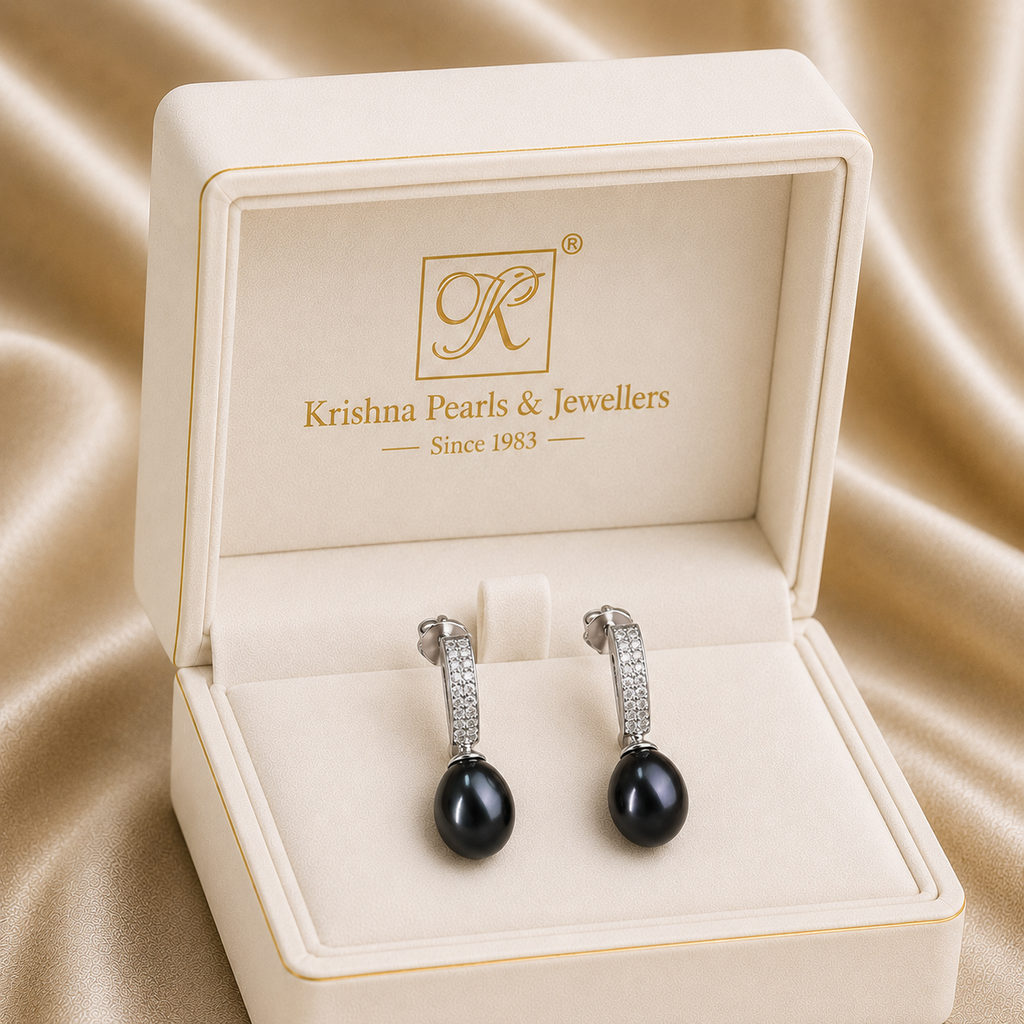 Silver CZ Huggie Hoop Earrings with Black — view 3 — pearl jewellery — Krishna Pearls Hyderabad
