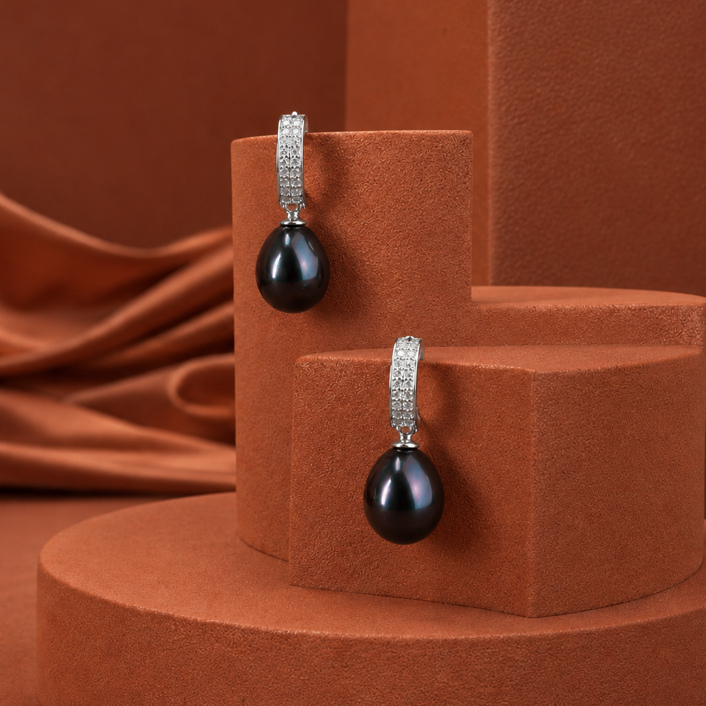 Silver CZ Huggie Hoop Earrings with Black | Krishna Pearls and Jewellers