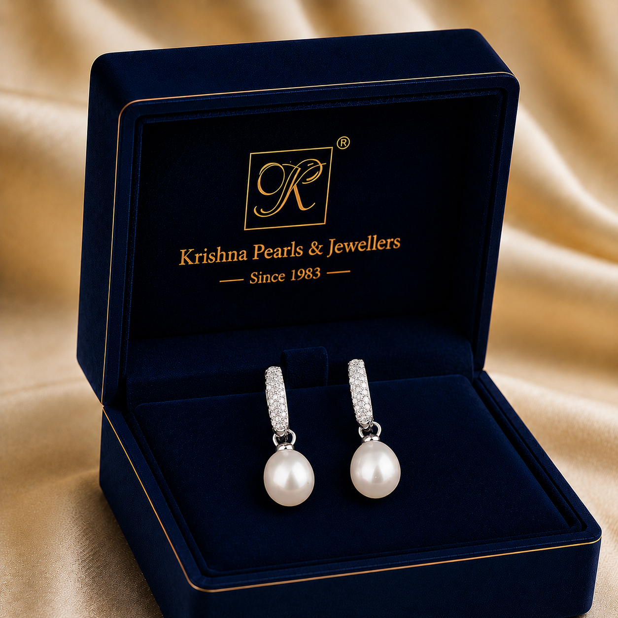 Lustrous Pearl Drop Earrings with CZ | Krishna Pearls and Jewellers