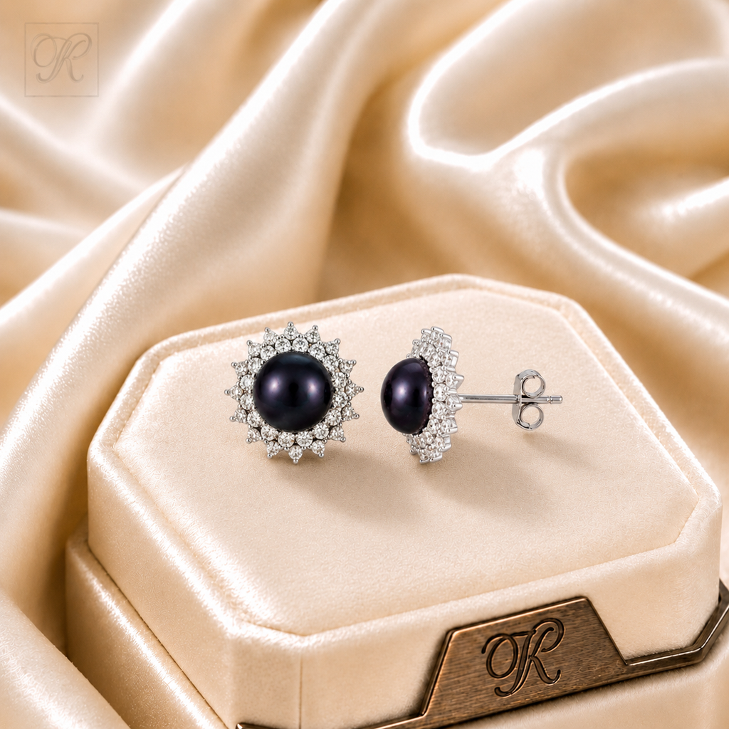 Silver Black Pearl Stud Earrings with CZ | Krishna Pearls and Jewellers