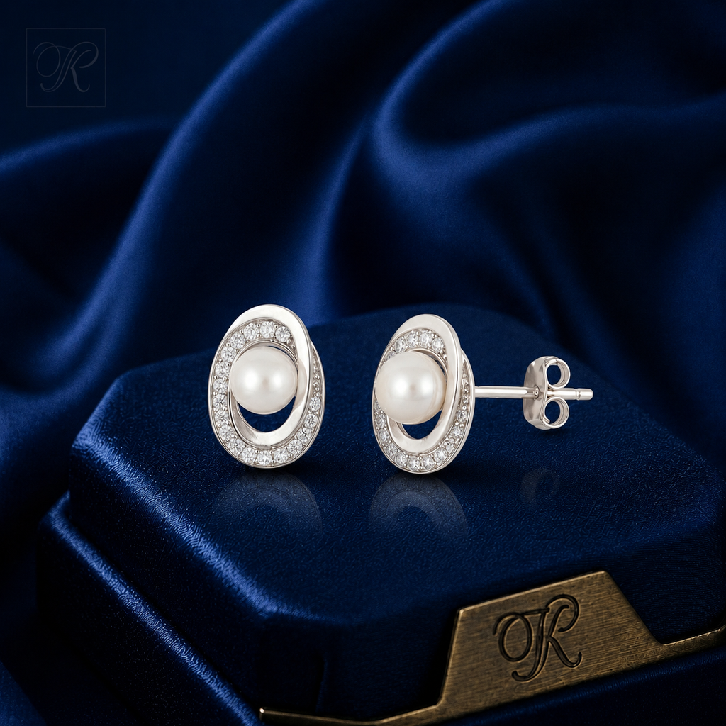 Silver Oval-Shaped Earrings with Pearl and | Krishna Pearls and Jewellers