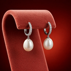 Freshwater Pearl & CZ Hoop Drop Earrings in Sterling Silver | Elegant Pearl Hoop Earrings for Women