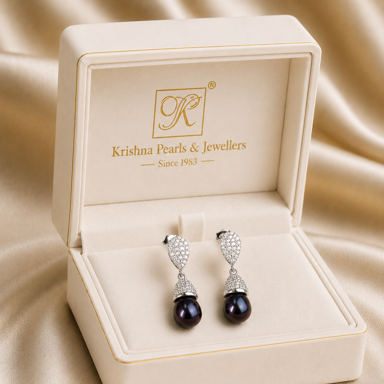 Silver colour pearl hanging earrings with | Krishna Pearls and Jewellers