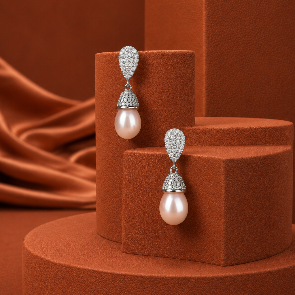 Silver cz with pearl earrings Freshwater | Krishna Pearls and Jewellers