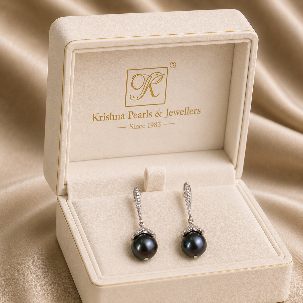 Silver Hanging Pearl Earrings with CZ — view 2 — pearl jewellery — Krishna Pearls Hyderabad