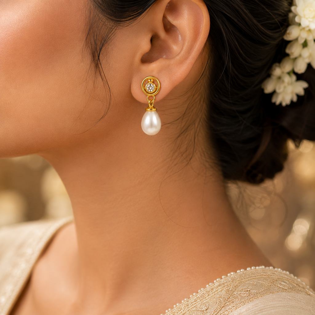 Pearl Drop Earrings – Yellow Polish & Round Stone