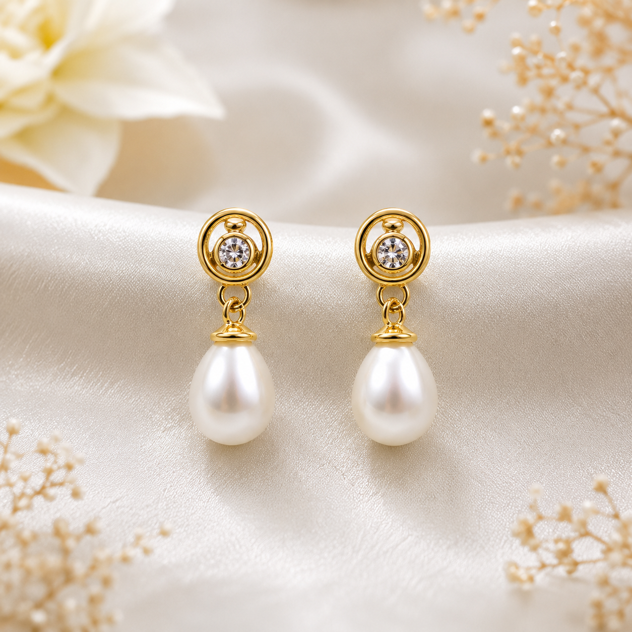 Pearl Drop Earrings – Yellow Polish & Round Stone