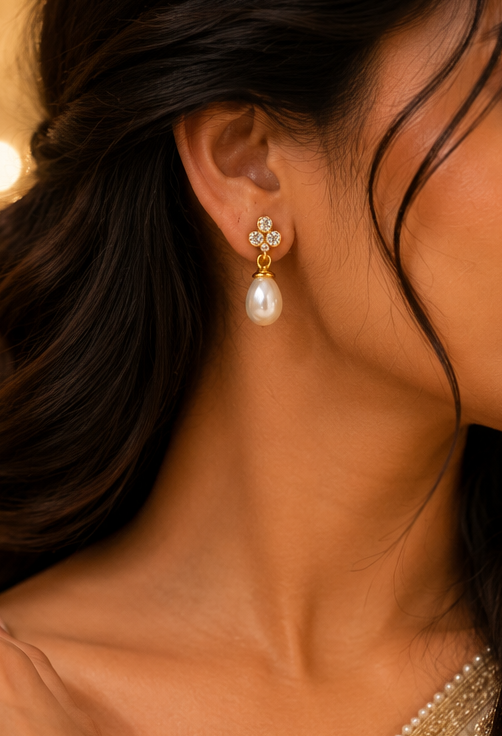 Pearl Drop Earrings – Yellow Polish & Crystal Floral Design