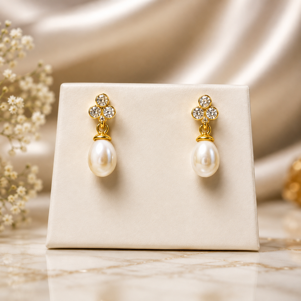 Pearl Drop Earrings – Yellow Polish & Crystal Floral Design