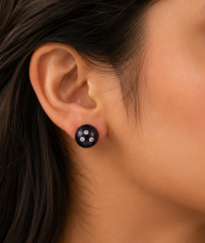 Black Silver Pearl Stud Earrings – Triple Stone Design